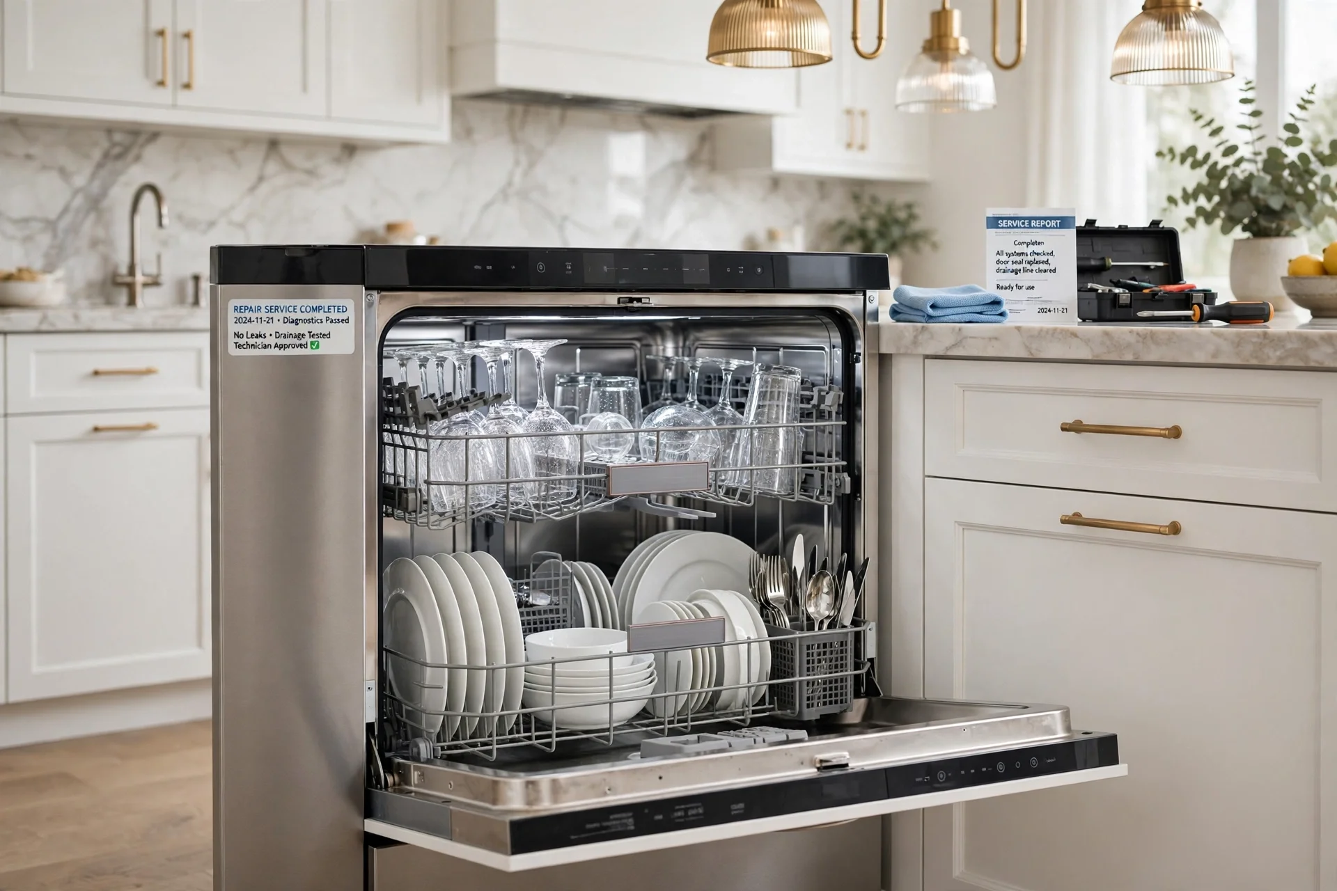 Professional dishwasher repair technician fixing drain pump in Arabian Ranches Dubai villa