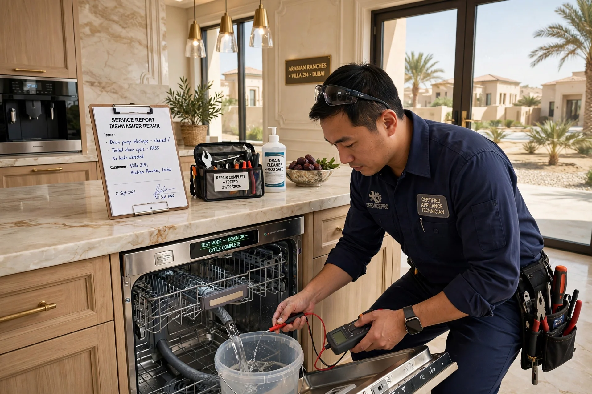 Certified technician testing dishwasher drainage and safety after repair in Arabian Ranches Dubai