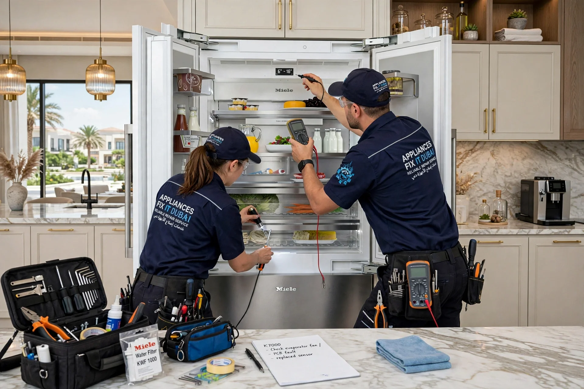 Miele Fridge Repair Dubai - Appliances Fix It Dubai technicians repairing Miele fridge in Dubai Hills Estate