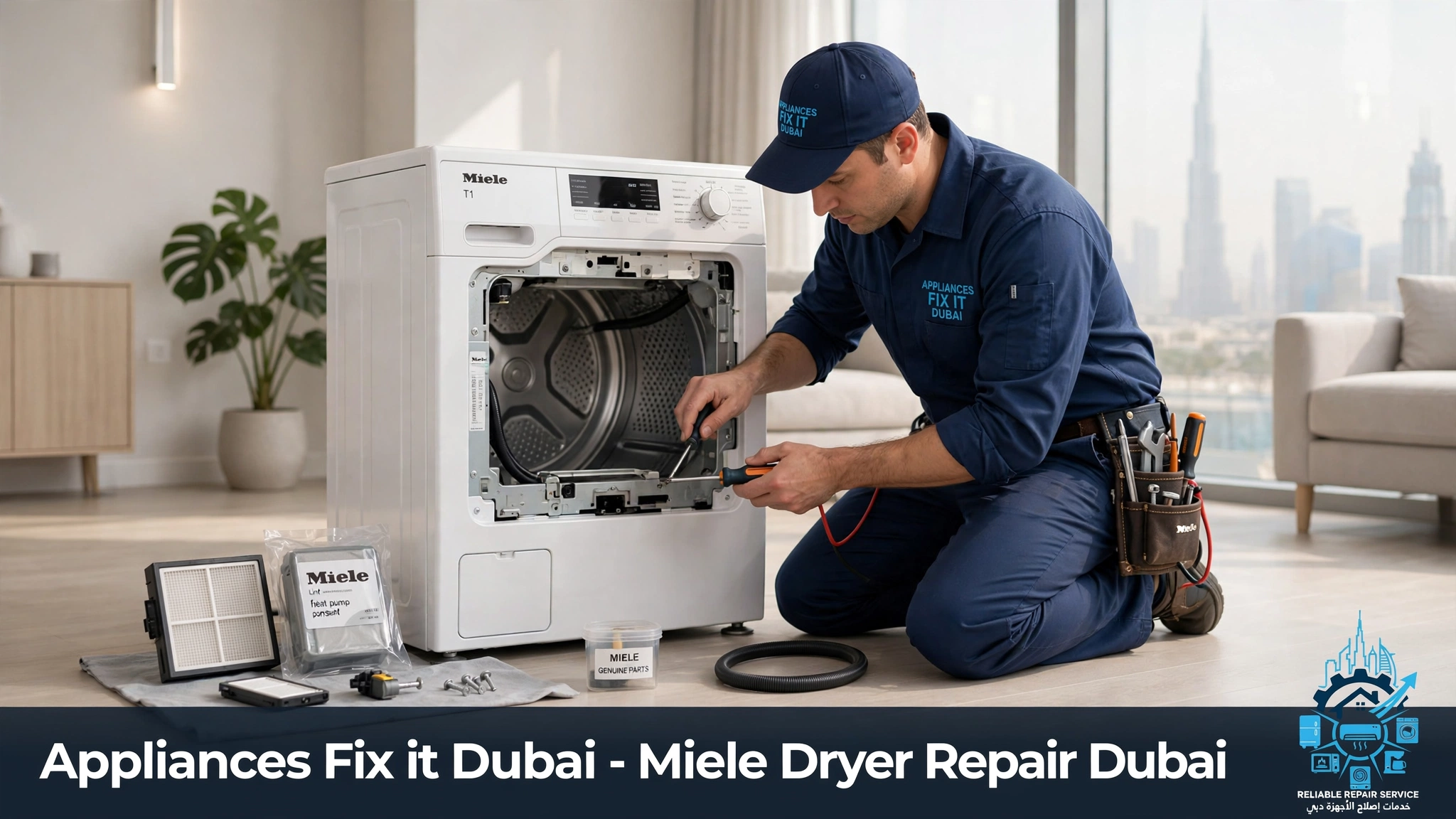 Miele Dryer Repair Dubai - Technician repairing Miele T1 dryer with genuine parts in Dubai Marina