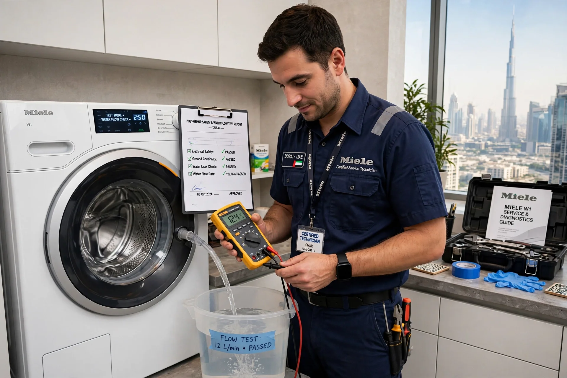 Miele washing machine with clean filter after professional repair service in Dubai villa