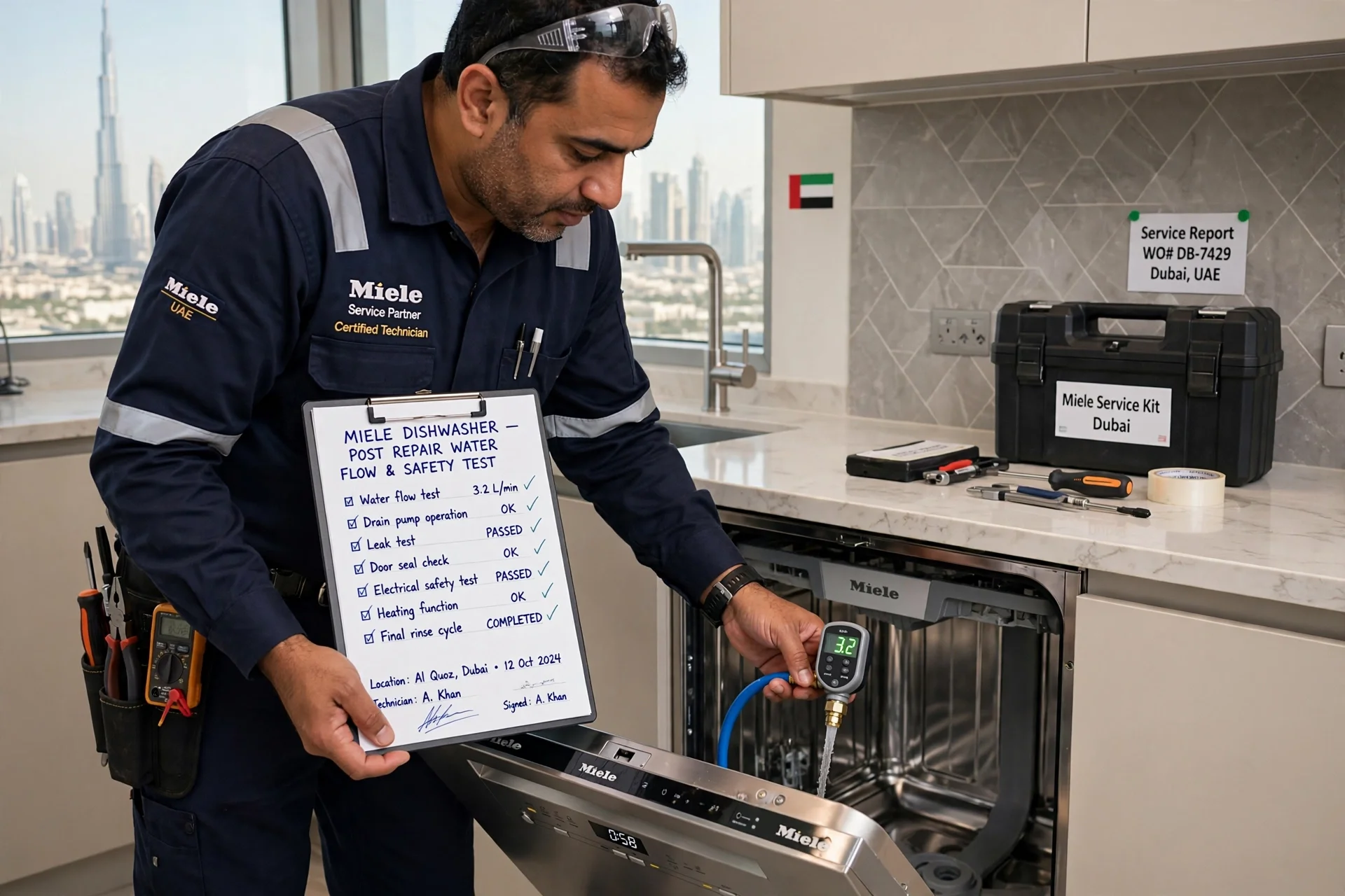Professional Miele dishwasher repair technician checking Miele G5000 in Dubai villa