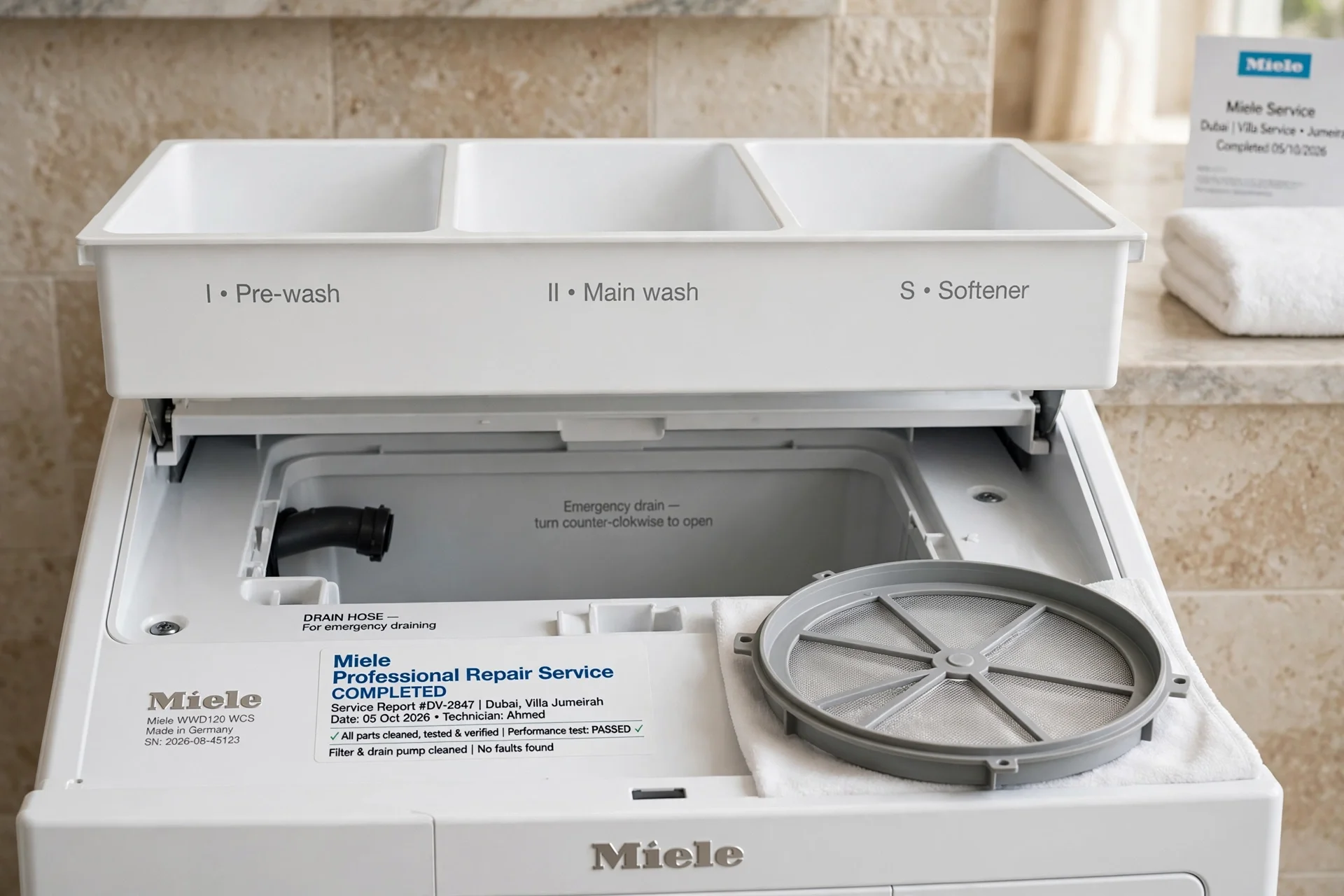 Certified technician testing Miele washing machine safety after repair in Dubai