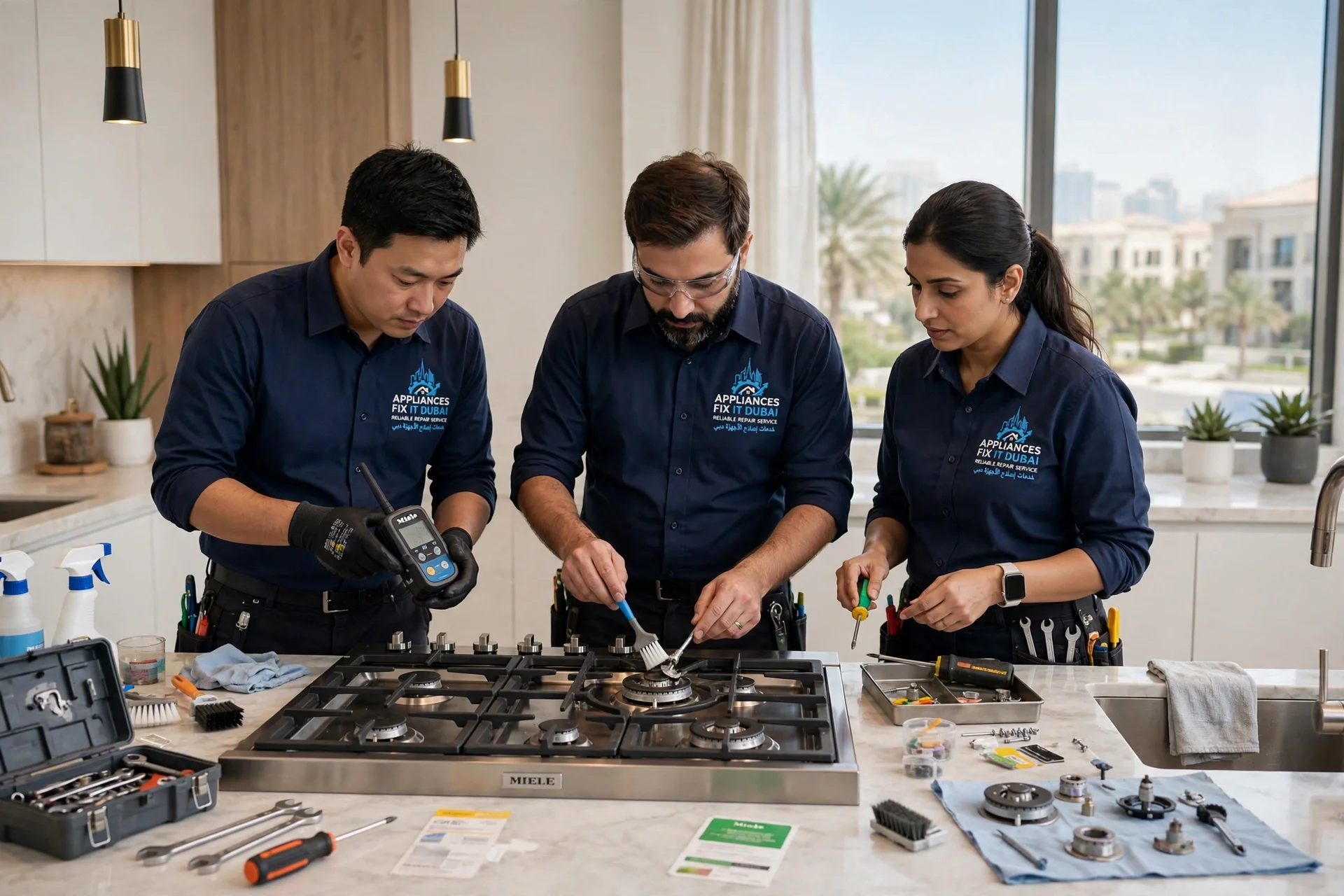Miele Gas Cooker Repair Emirates Hills - Technician fixing Miele gas cooker blue flame