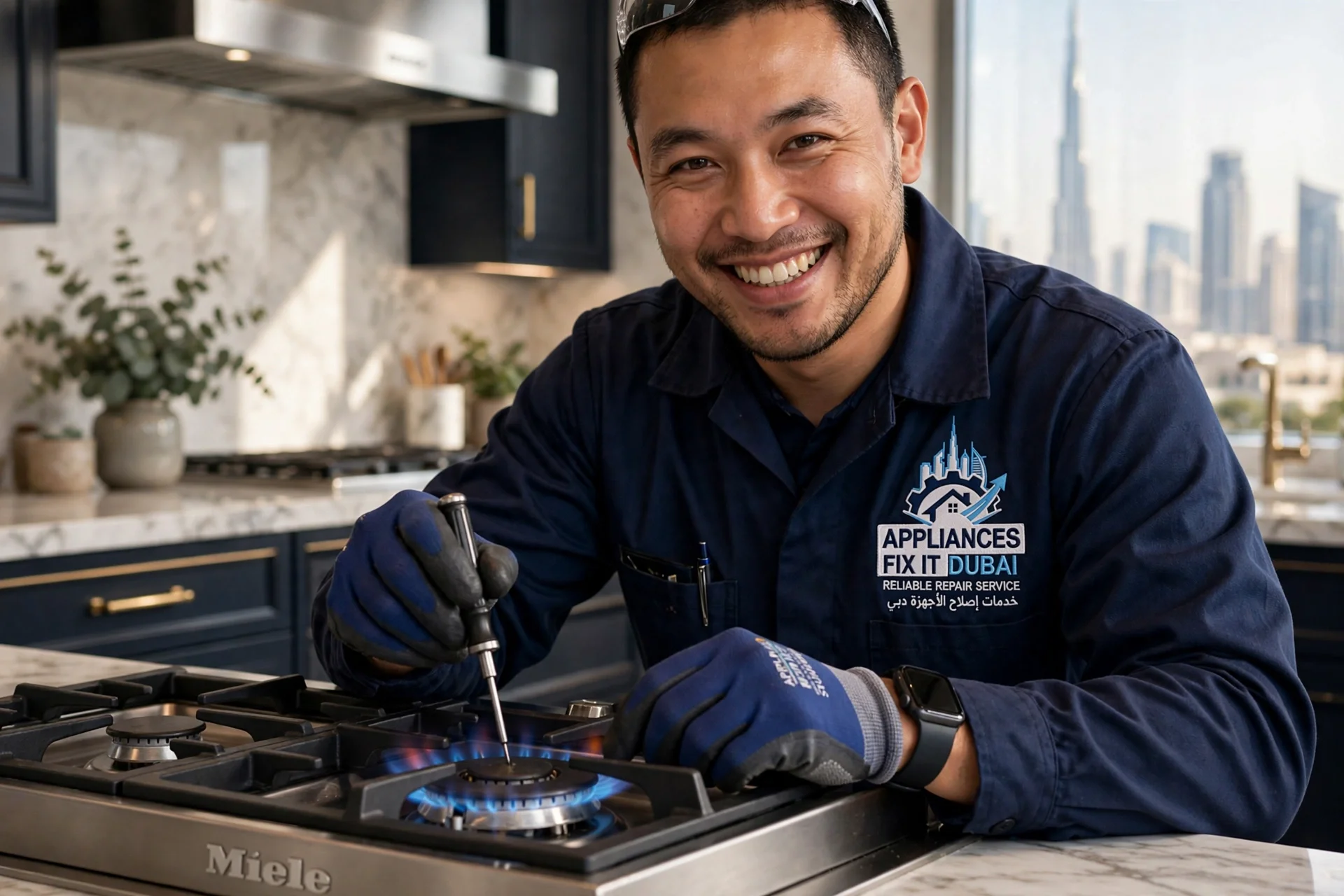 Miele Gas Cooker Repair Dubai Marina - Technicians fixing Miele KM 7000 ignition system