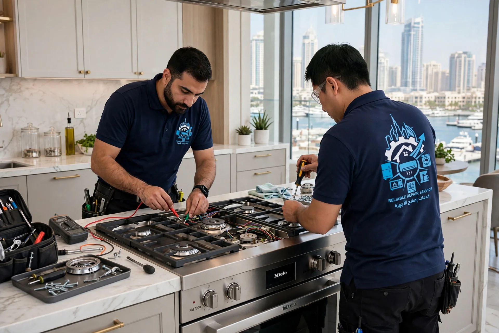 Miele Gas Cooker Repair Dubai - Appliances Fix It Dubai technicians repairing Miele gas hob in Dubai Hills Estate