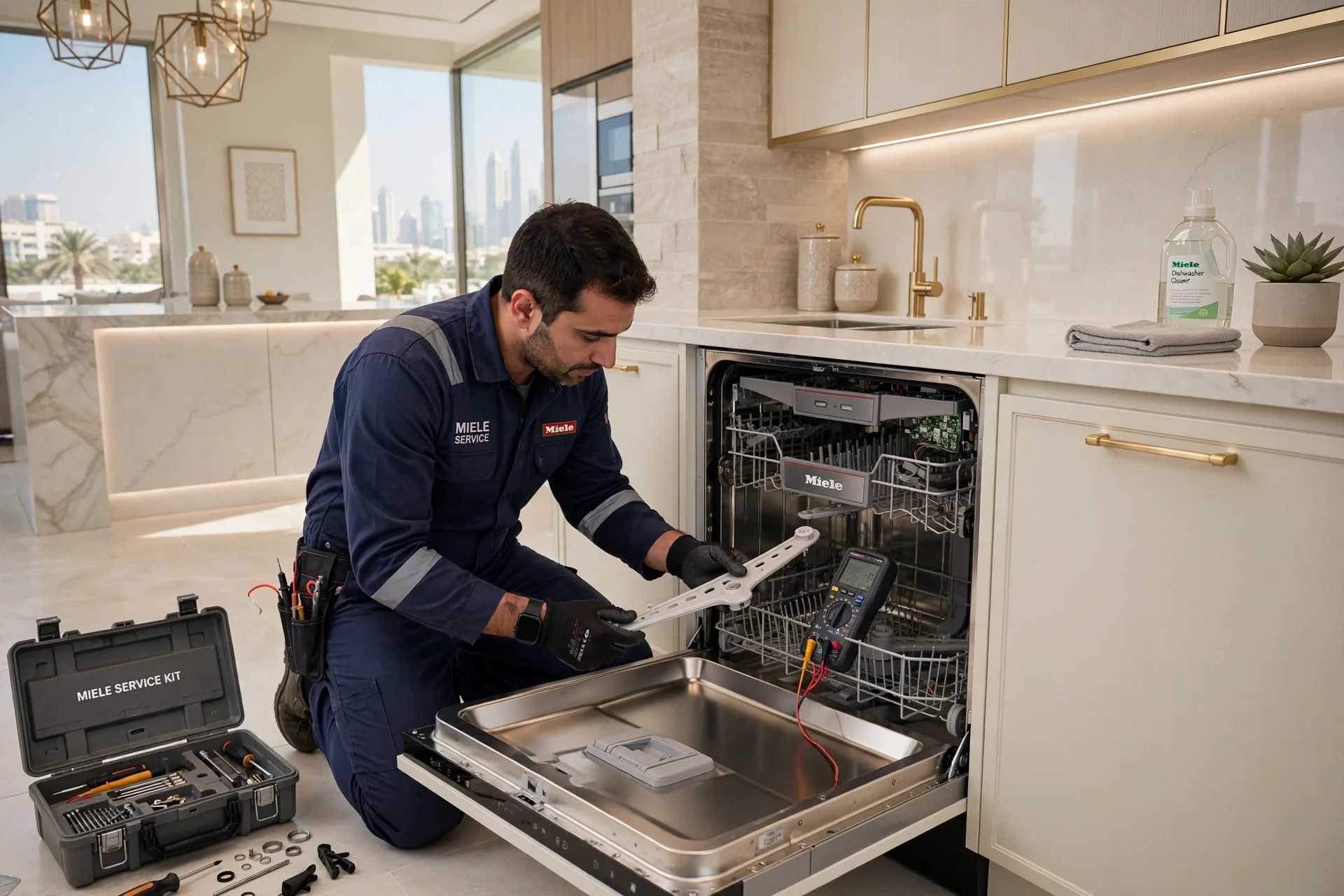 Miele dishwasher with clean filter after professional repair service in Dubai villa