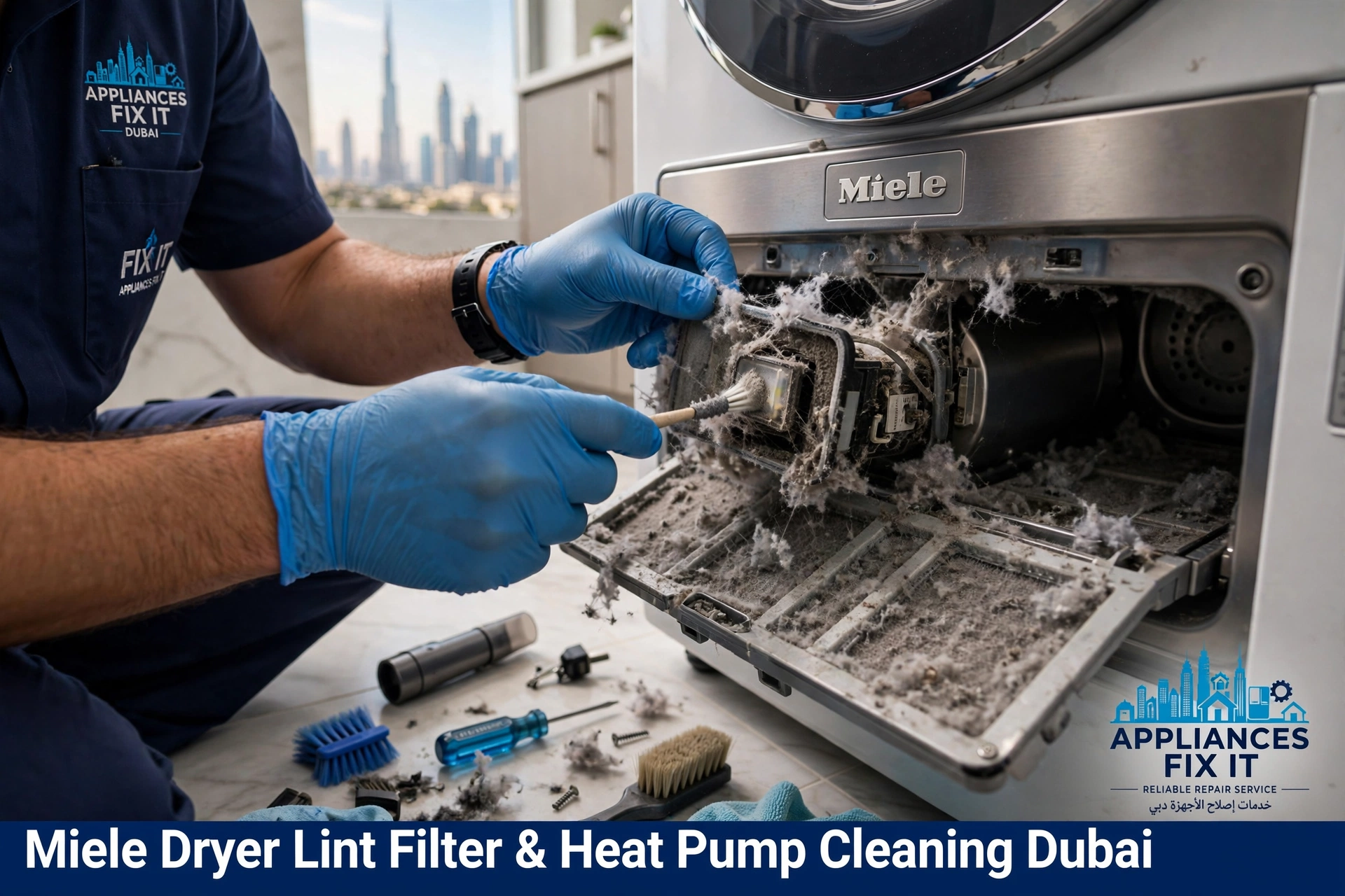 Miele Dryer Repair Dubai technician cleaning lint filter and heat pump blocked with lint