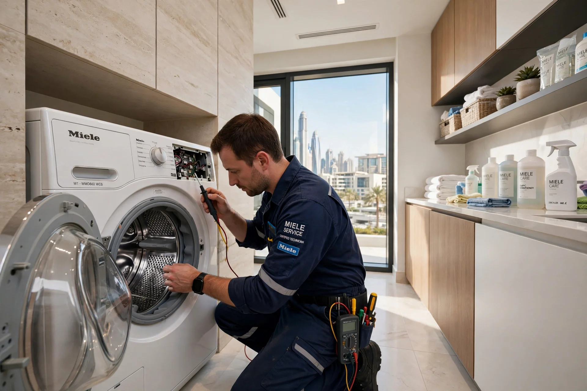 Professional Miele washing machine repair technician checking Miele W1 in Dubai villa