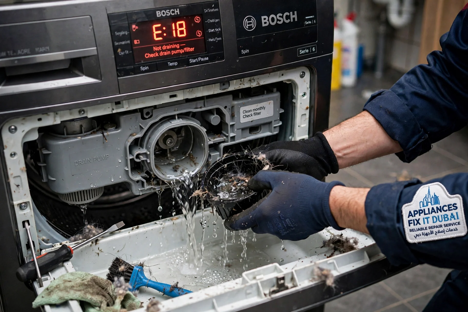 Bosch Dryer Repair Dubai - Technician cleaning condenser filter blocked with lint and fluff