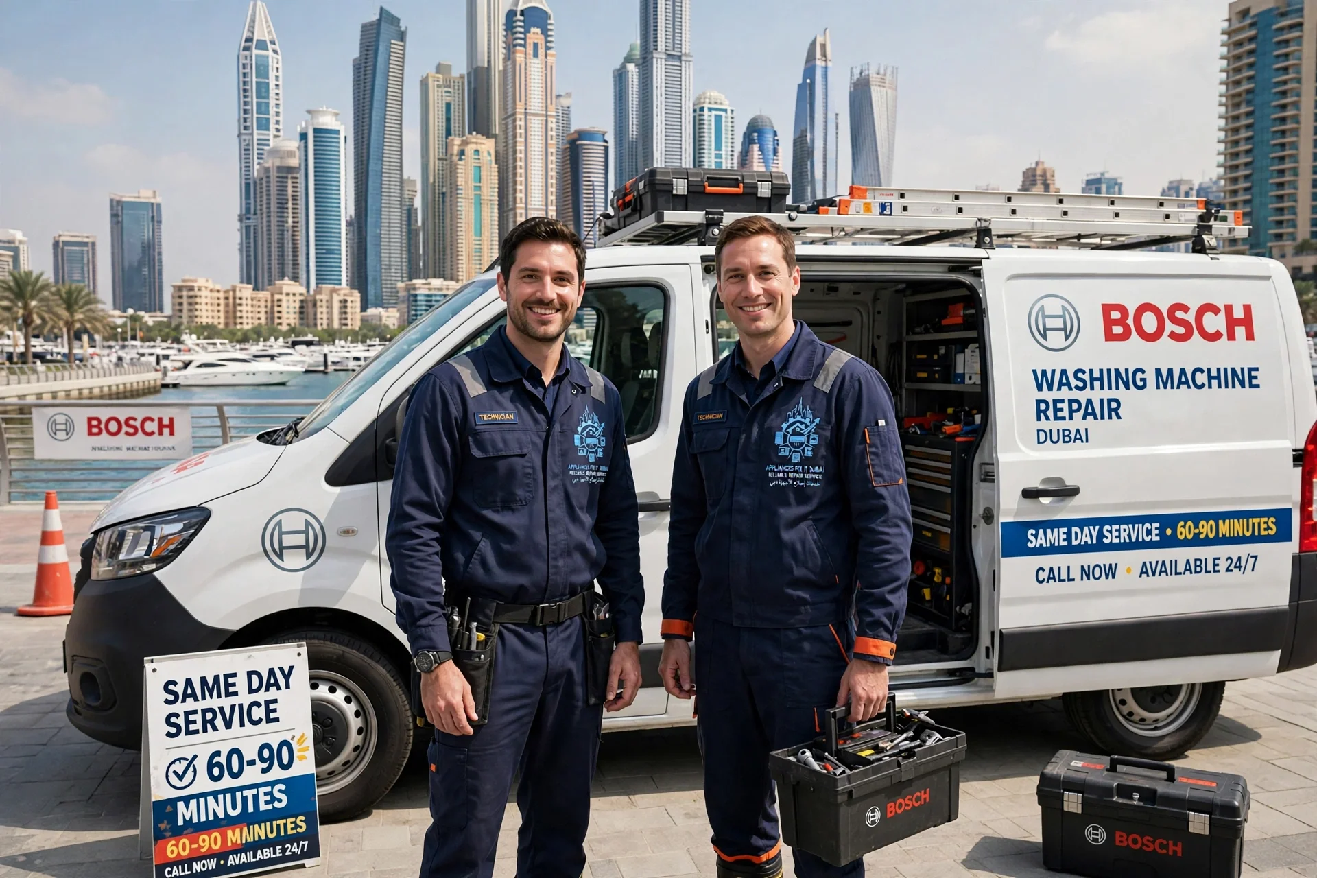 Bosch Dryer Repair Dubai - Technician repairing Bosch Serie 6 dryer with genuine parts in Dubai Marina apartment