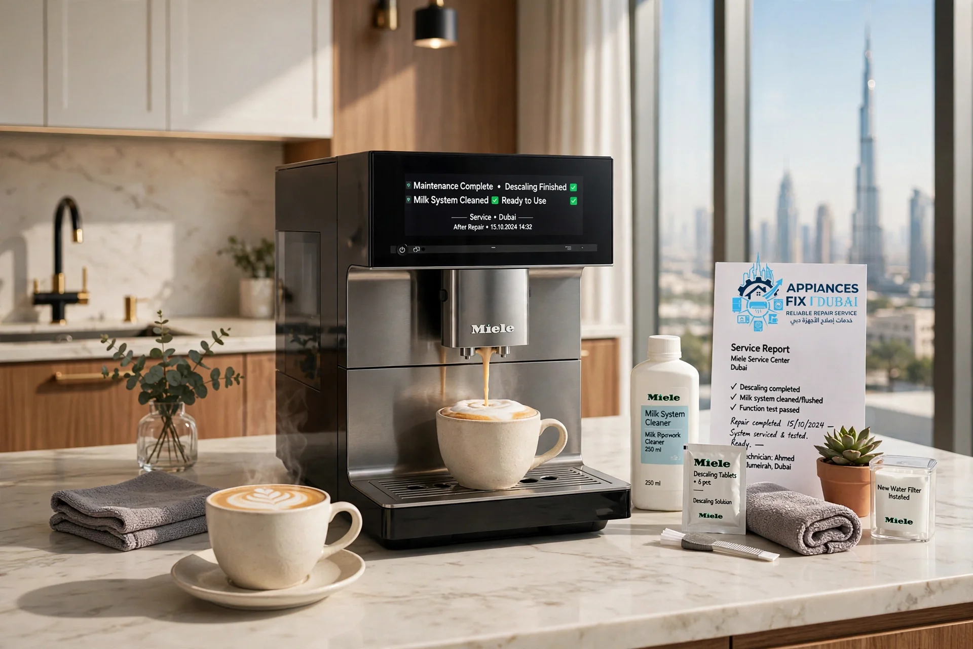 Miele coffee machine descaling and milk system cleaning after repair in Dubai home