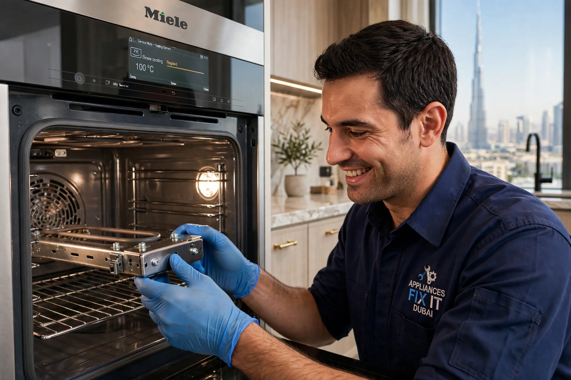 Miele Oven Repair Dubai Marina - Professional team repairing Miele oven with logo on back