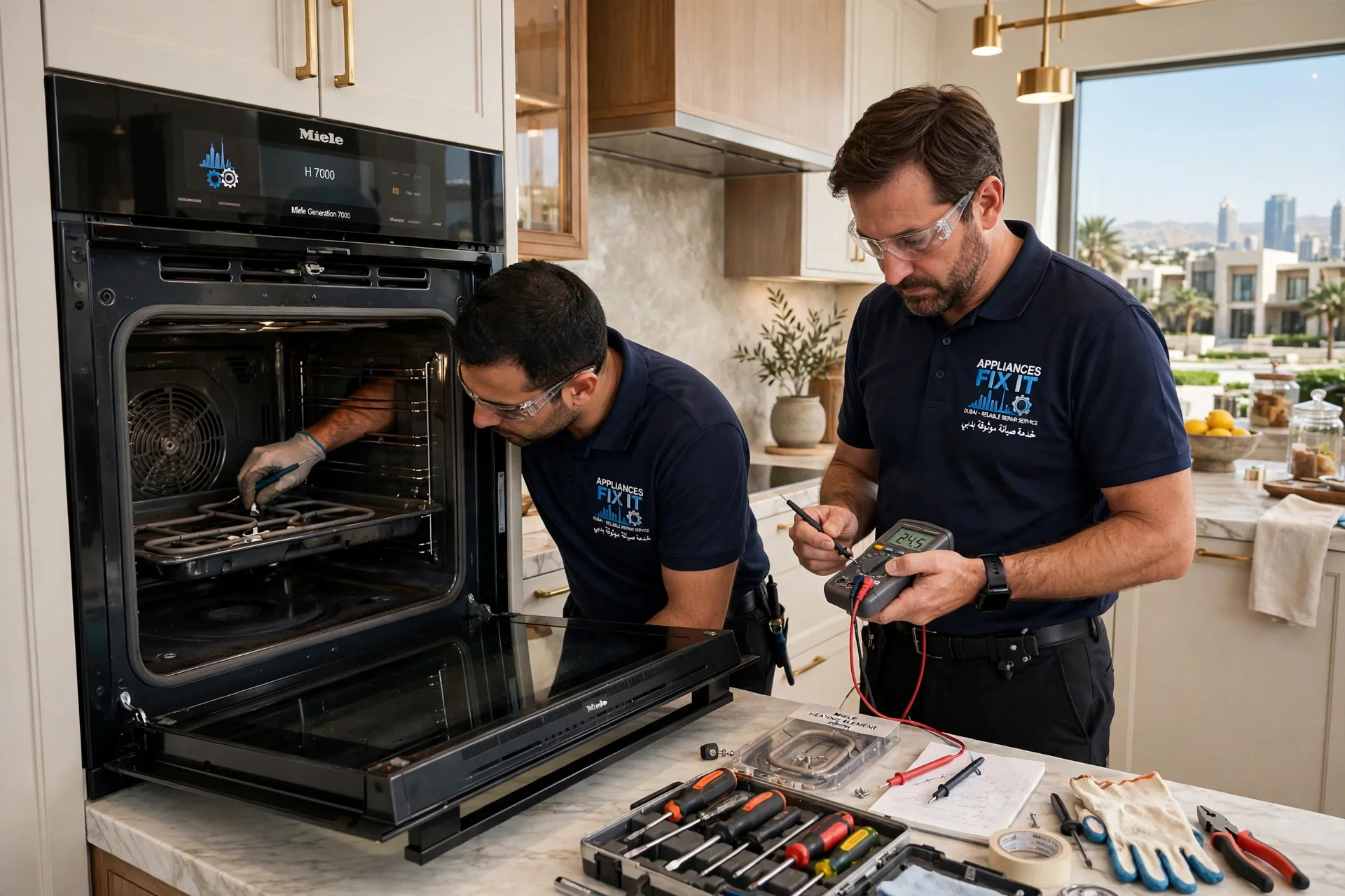 Miele Oven Repair in Emirates Hills - Technician replacing Miele oven heating element with Burj Khalifa view