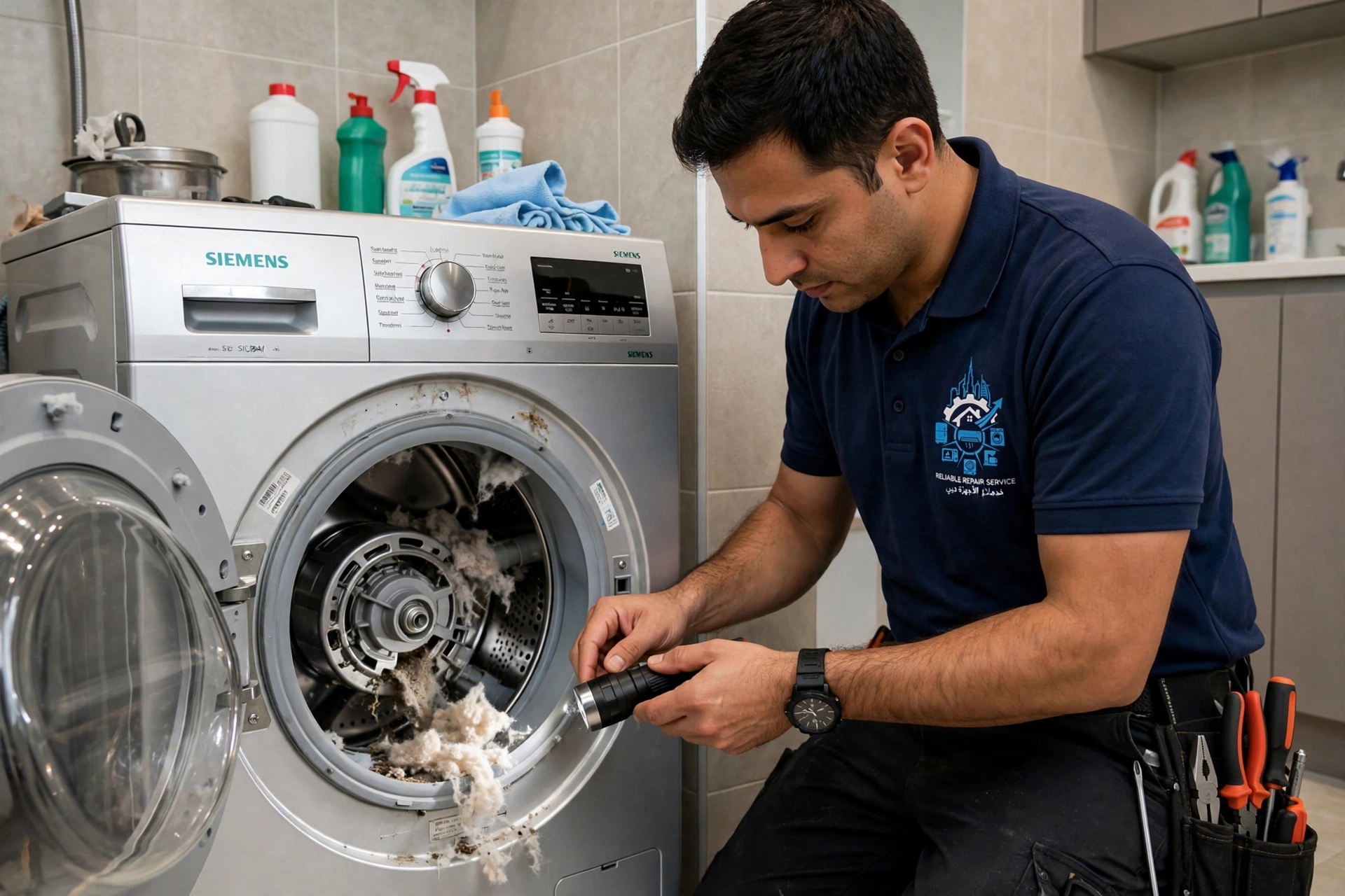 Siemens Washing Machine Repair Dubai technician checking motor and drain pump blocked with lint
