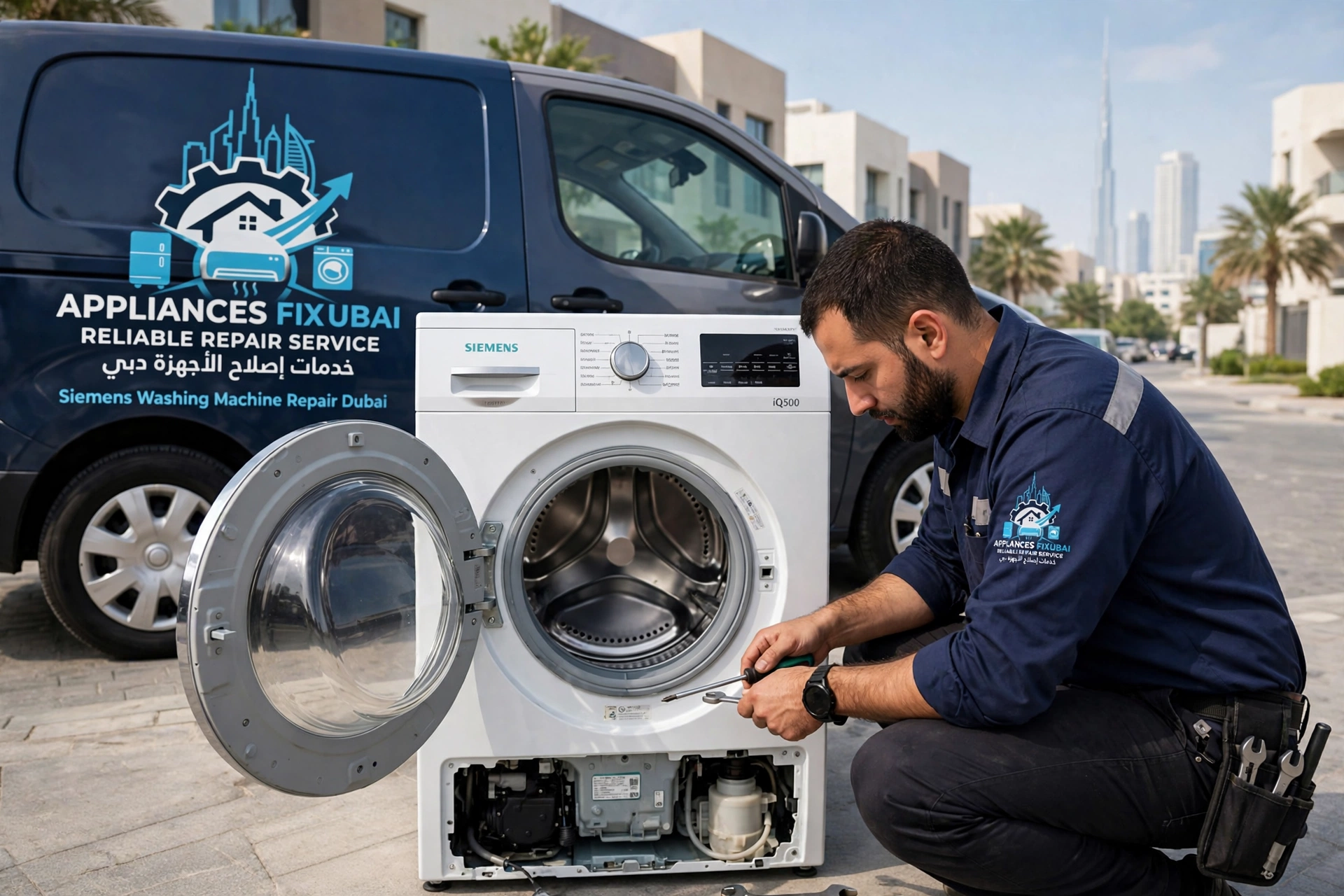 Siemens Washing Machine Repair Dubai - Technician repairing Siemens iQ500 washing machine with genuine parts in Dubai Marina
