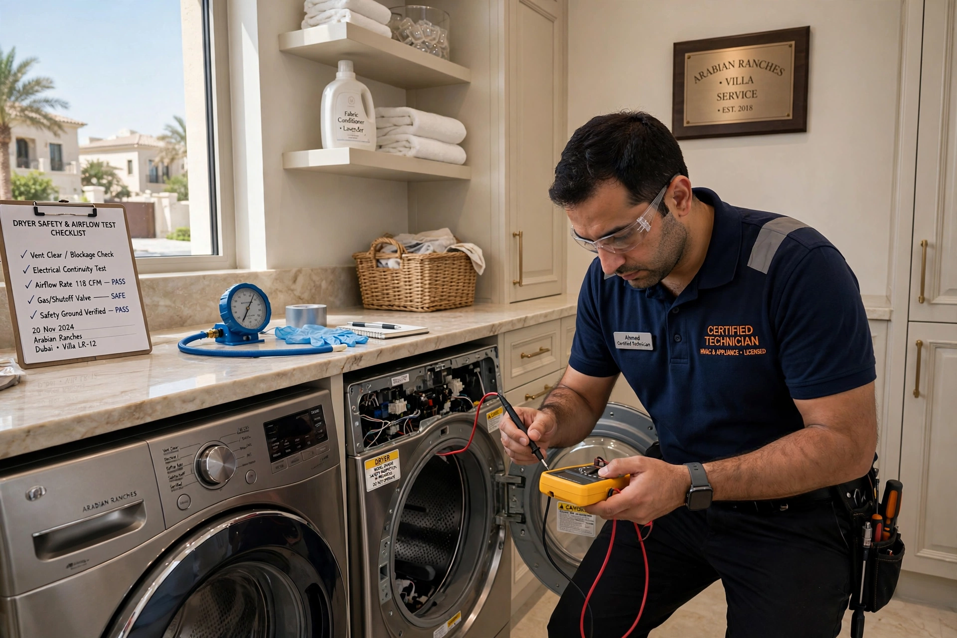 Certified technician testing dryer safety and airflow after repair in Arabian Ranches Dubai