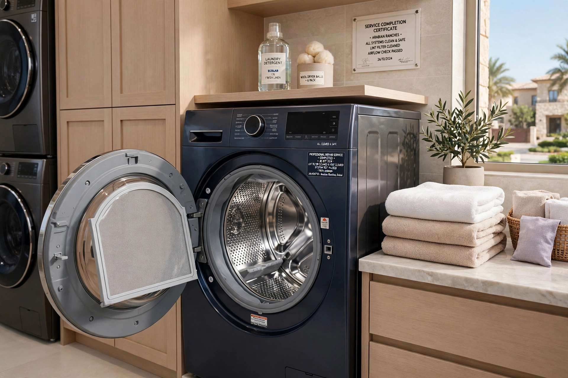 Professional dryer repair technician checking heating element in Arabian Ranches Dubai villa